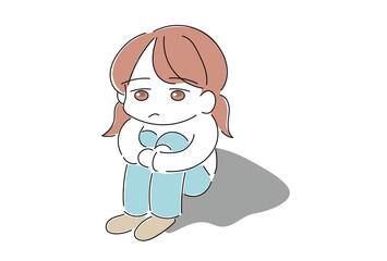 一人ぼっちで座る孤独に心を閉ざす女の子のイラスト	
