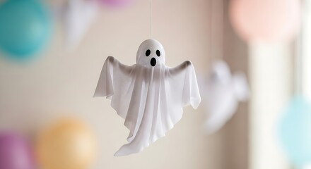 Cute crocheted ghost hanging with colorful balloons in soft light perfect for Halloween decoration or party theme