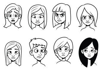 Funny angry silly Cartoon Faces and People Character Illustration Set. Expressions. Drawing black and white