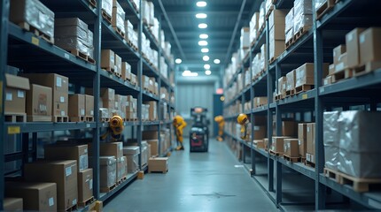 Fototapeta premium Automated Warehouse Aisle with Shelving and Forklift