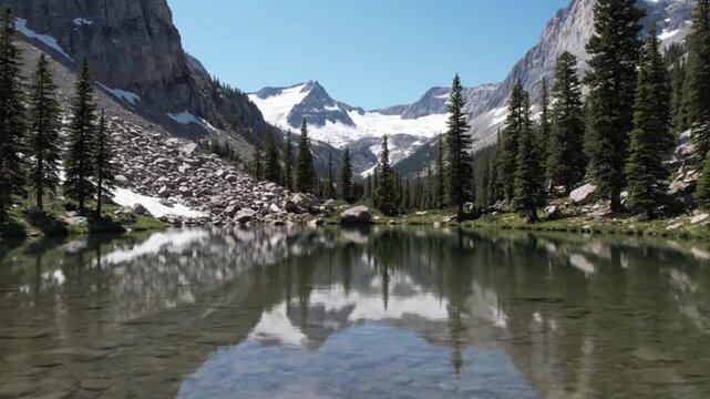 Mountain Lake Reflecting Cliffs and Pine Trees
