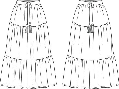 Cad drawing flat vector illustration, women's tiered maxi skirt design, boho style long skirt fashion template, casual summer apparel sketch, tassel tie waist garment technical drawing