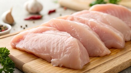 Close Up of Raw Chicken Breast Fillets on Wooden Cutting Board with Sharp Detail and Fresh Look