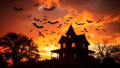 Haunted house silhouette at fiery sunset, bats flying