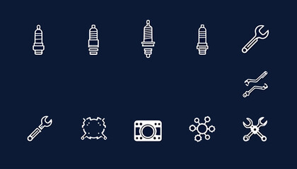 An assortment of essential automotive and mechanical line art vector icons, including wrenches and spark plugs, presented on a dark blue background.