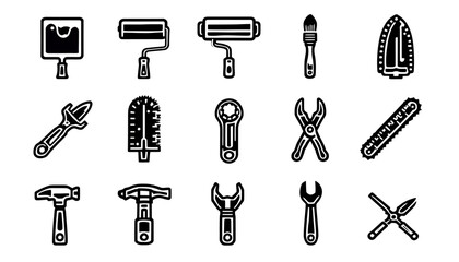 Fototapeta premium Collection of black and white vector icons representing various tools and equipment used for construction, repair, and DIY projects.