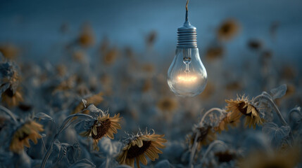 Glowing lightbulb hangs above field of sunflowers, creating magical atmosphere. wilting sunflowers, symbolizing renewable energy urgency