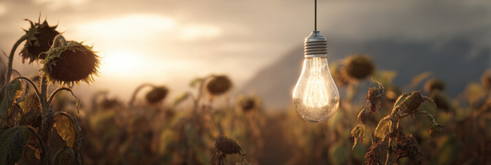 Glowing lightbulb hangs above field of sunflowers, creating serene atmosphere at sunset. wilting sunflowers, symbolizing renewable energy urgency