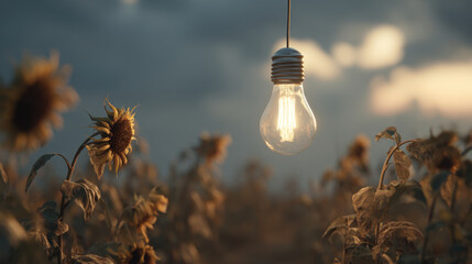 Glowing lightbulb hangs above field of sunflowers, creating serene atmosphere. wilting sunflowers, symbolizing renewable energy urgency