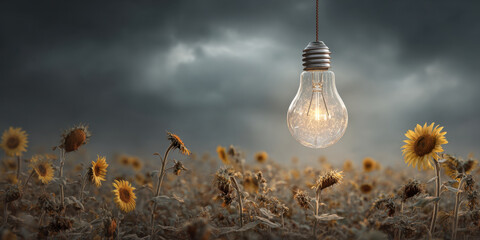 Glowing lightbulb hangs above field of sunflowers dramatic sky, creating surreal atmosphere. wilting sunflowers, symbolizing renewable energy urgency