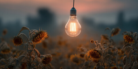 Glowing lightbulb illuminates field of sunflowers at dusk, creating magical atmosphere. wilting sunflowers, symbolizing renewable energy urgency