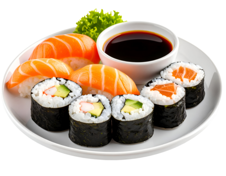 set of japanese sushi with soy sauce on plate isolated on transparent png
