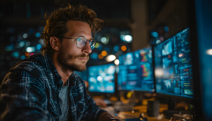 engineer works on multiple displays, analyzes network security, event management. Cyber security analyst monitors threats, resolves incidents, detects anomalies, responds to breaches, ensures