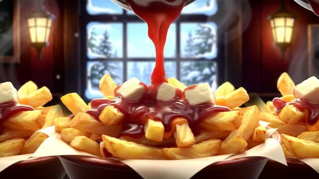 Delicious poutine with gravy pouring over golden fries and cheese curds, in a warm, rustic winter restaurant setting.