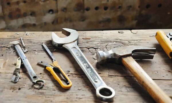 set of tools on old wooden table.ai 