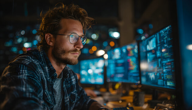 engineer works on multiple displays, analyzes network security, event management. Cyber security analyst monitors threats, resolves incidents, detects anomalies, responds to breaches, ensures