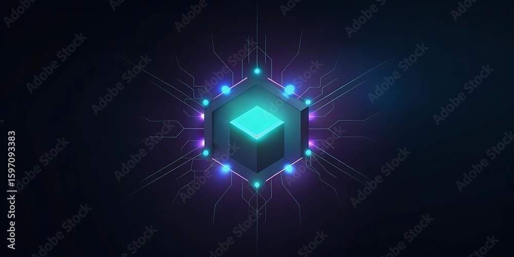 Poster a glowing hexagonal processor chip with radiating circuits and digital connections.
