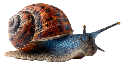 Curious snail crawling on white background with long antennae