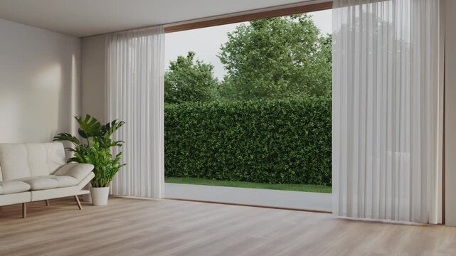 Empty white room with wood-framed glass doors open to garden. Modern house interior 3d rendering.