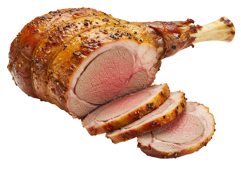 Delicious roasted leg of lamb with a crispy, seasoned skin, partially carved to show the tender pink meat, isolated on a clean white background.