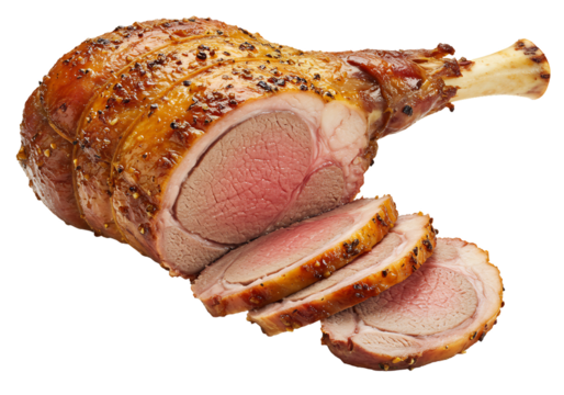 Delicious roasted leg of lamb with a crispy, seasoned skin, partially carved to show the tender pink meat, isolated on a clean white background.