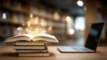A cozy well lit workspace with stacks of books a laptop and glowing lights creating an atmosphere conducive to education research and academic pursuits