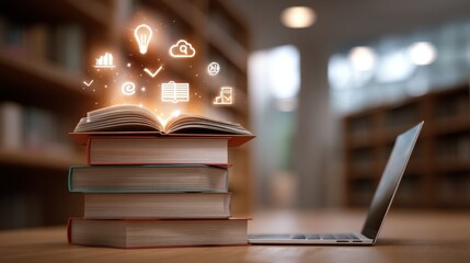 A focused academic workspace with a stack of books and an open laptop representing the integ n of traditional and digital learning resources in a modern educational environment