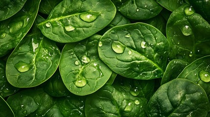 Close up of fresh green spinach leaves with water droplets