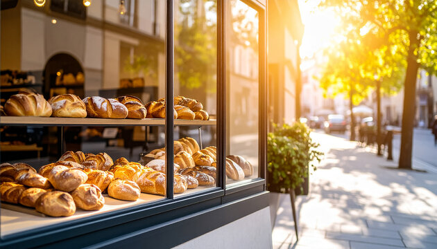 Bakery breads fresh baked goods pastry storefront - Powered by Adobe