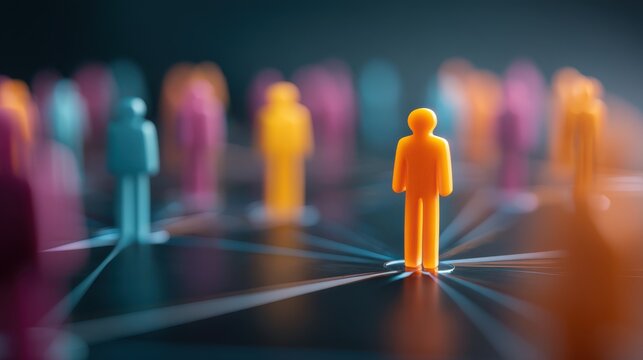 A single vibrant orange figure standing prominently among a sea of diverse muted silhouettes symbolizing individuality leadership and the power of standing out in a group