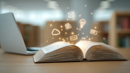 An open book and a laptop computer resting on a wooden desk surrounded by floating digital icons representing the integ n of traditional learning and modern technology in the educational process
