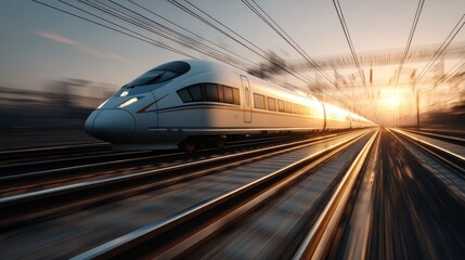 Naklejka premium A sleek modern high speed train racing along the railway tracks creating a sense of speed and motion against a vibrant sunset sky and distant landscape