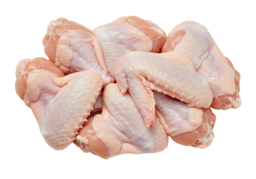 A pile of fresh raw chicken wings, an essential ingredient for cooking and grilling. Uncooked poultry meat portions isolated on a white background.