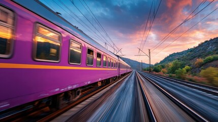 Naklejka premium A high speed train zipping through a picturesque countryside at sunset passing by mountains and valleys in a vibrant dynamic display of travel and adventure