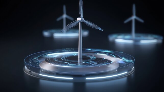 A sleek holographic display showcases the advanced features and potential of innovative wind turbine technology highlighting its role in sustainable energy solutions