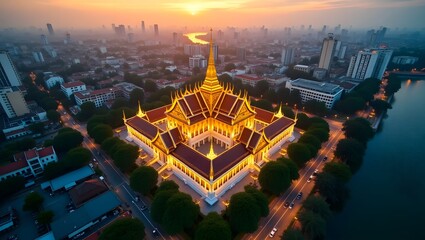 Aerial View of Illuminated Wat Phnom in Phnom Penh at Dusk Surrounding Cityscape Visible