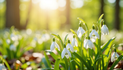 Obraz premium Snowdrops blooming in sunlight with green background in spring 