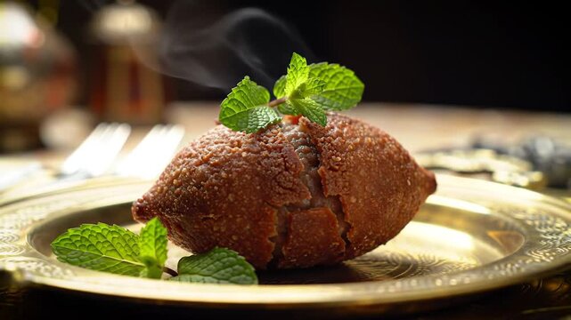 Golden Brown Fried Dumpling with Fresh Mint on Ornate Plate, Steaming