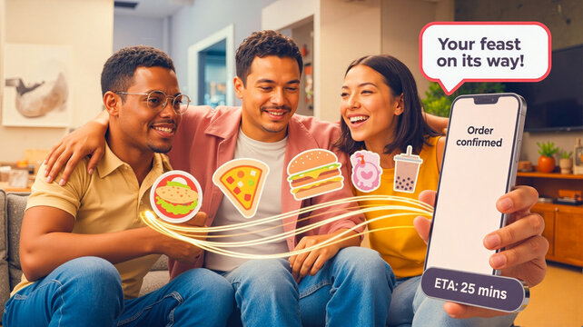 Three happy friends on a sofa look at a smartphone confirming their food delivery order which is arriving in 25 minutes