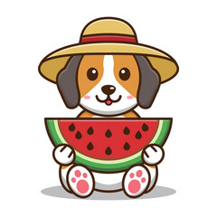 Naklejka premium スイカを食べる麦わら帽子のビーグルのフラットデザインAIイラスト1