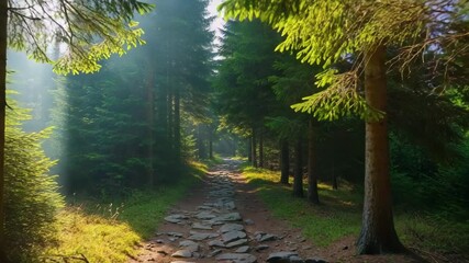 A sunlit path winds through a dense evergreen forest, creating a serene and inviting atmosphere.