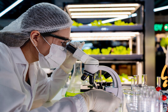Female scientist in a sterile lab coat and gloves prepares for research in a futuristic biotechnology facility. A concept for R&D, medical innovation, and healthcare technology.