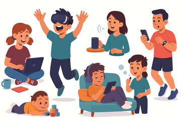 Kids Engaging with Technology Illustration of Children Using Gadgets and Devices for Learning and Play