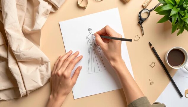 Hands sketching a fashion design on paper, surrounded by tools and accessories on a desk