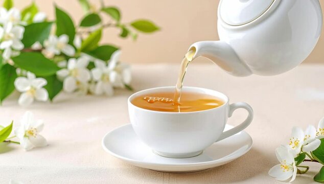 Aesthetic tea time scene with pouring of tea from a teapot into a teacup on a light-colored background. The presence of beautiful jasmine flowers completes the composition 