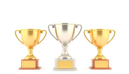 Three trophy renderings on white, gold, silver, competition, success, and achievement