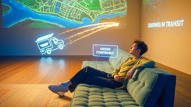 A man relaxes on his sofa, tracking a delivery order in real-time on a large wall projection showing a map and status