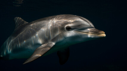 Fototapeta premium close up of a dolphin looking at the camera in the ocean, dark background