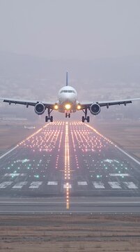 A plane descends above a runway illuminated by bright lights in a foggy atmosphere, symbolizing travel and aviation. The image captures the moment before a landing.