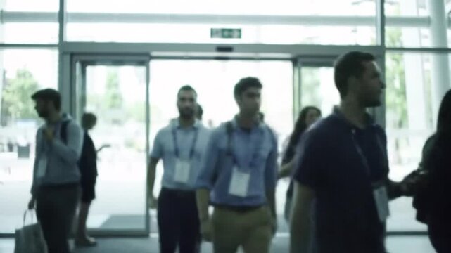 A diverse group of blurred professionals walking through the entrance of a modern event hall.